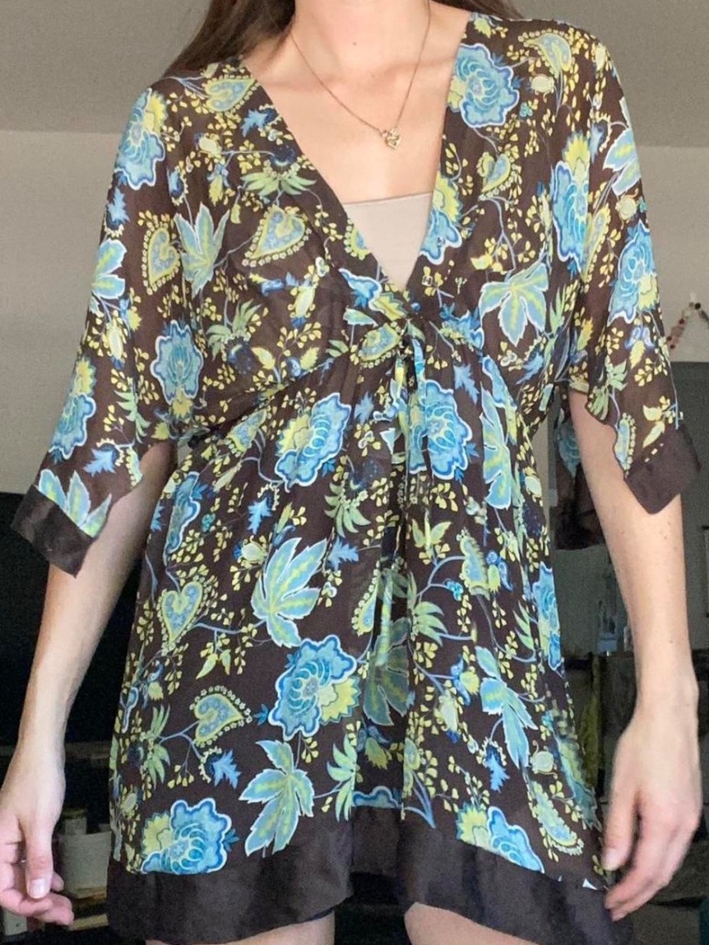 Moda International Brown Paisley Dress with Blue & Yellow Floral Print